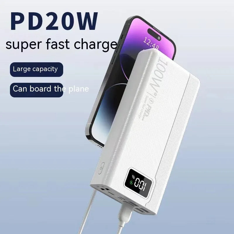 Black and white high capacity power bank showing front view with dimensions