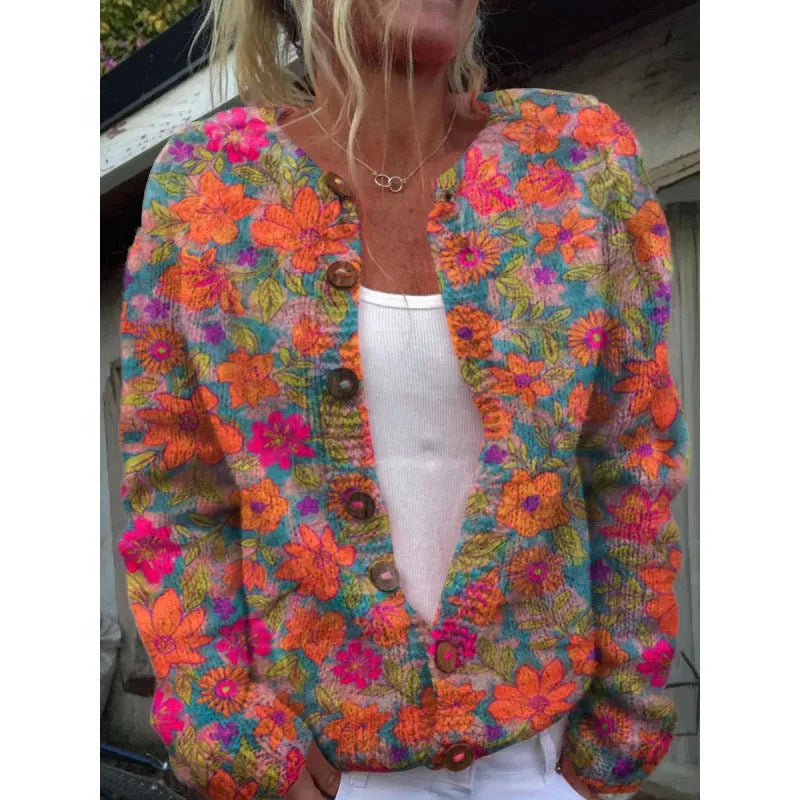 Yellow digital print cardigan with a raised 3D pattern, shown as an open knit coat.
