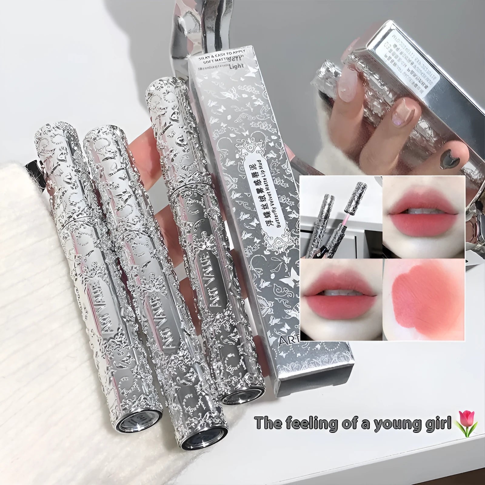 Velvet Mist Lip Mud Matte White Lipstick in six waterproof shades displayed in standard packaging