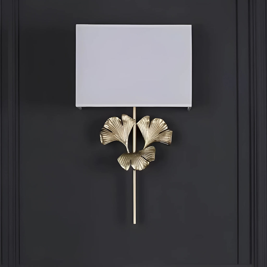 American-style all-copper ginkgo leaf wall lamp with white shade, brass finish, 530x300x120mm