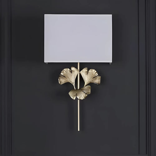 American-style all-copper ginkgo leaf wall lamp with white shade, brass finish, 530x300x120mm