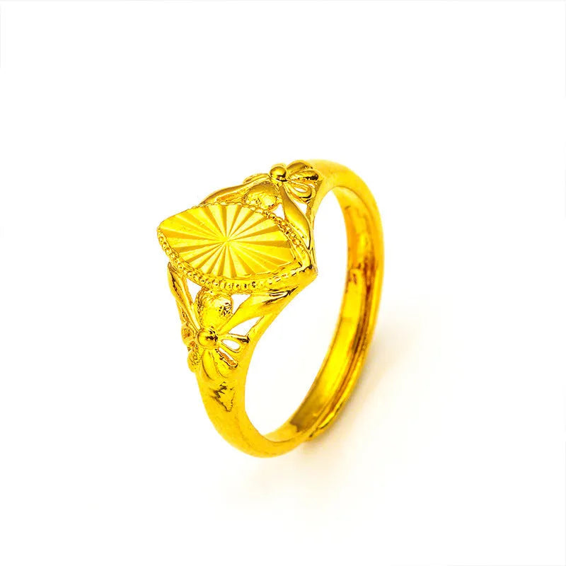 Women's gold electroplated brass ring with open diamond flower geometric texture design
