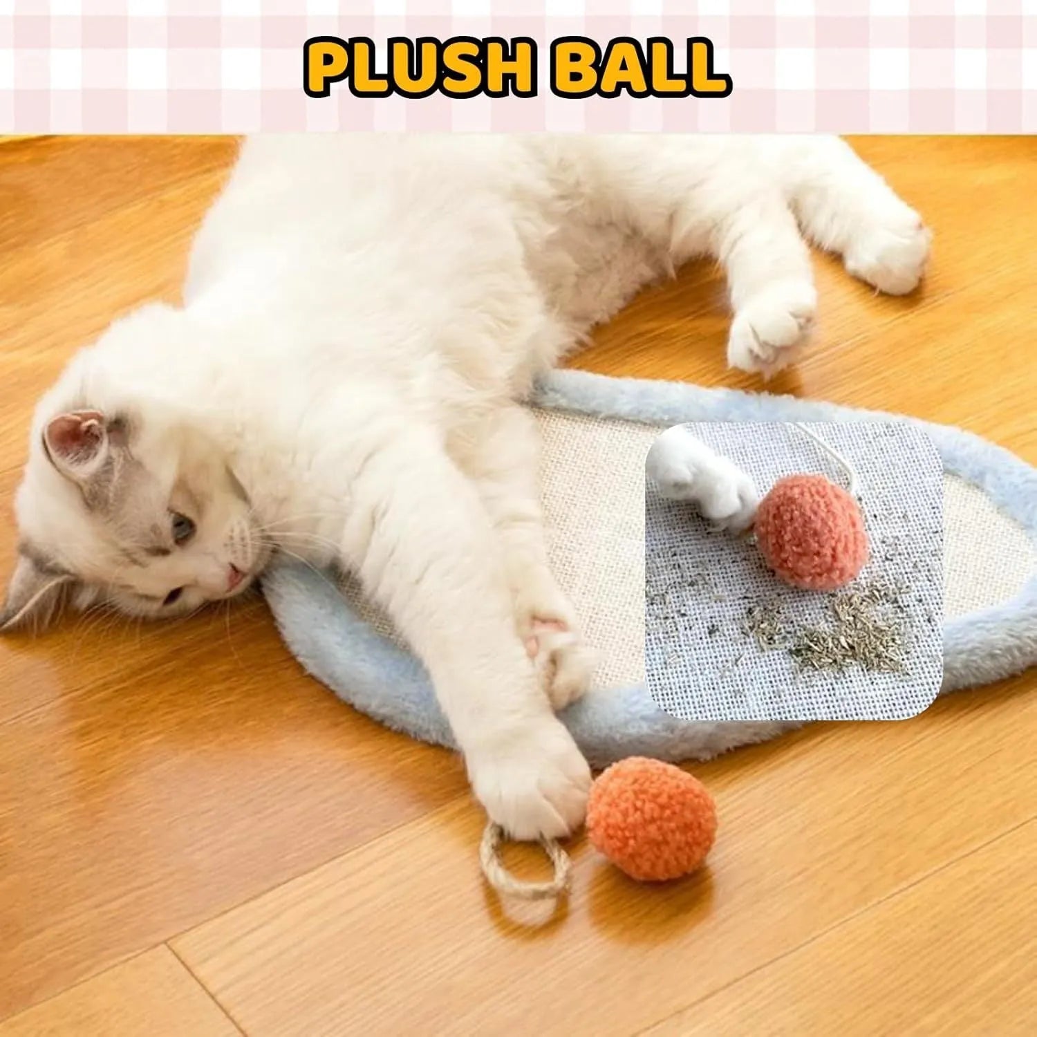 White wall-mounted cat scratching mat with natural sisal surface in a sleeping cat cartoon design.