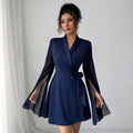Navy blue A-line long sleeve tie dress with bell sleeves and short flared skirt, sizes S to XL