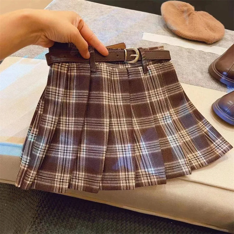 Girls' plaid pleated A-line skirt in cotton blend with six height size options
