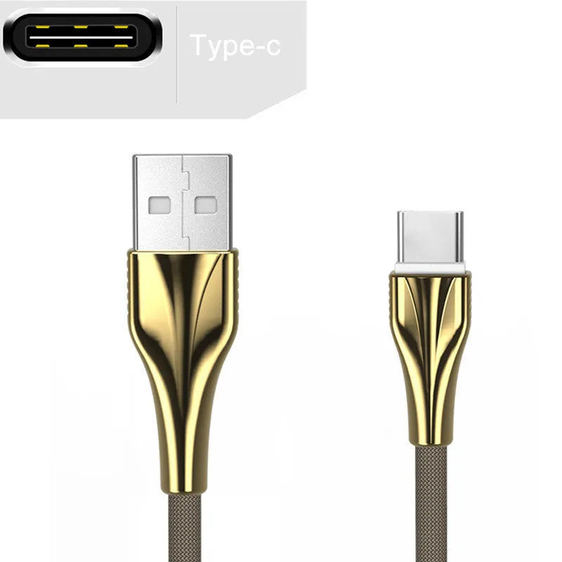 Aluminum alloy braided mobile phone data cable with three interfaces in black, silver, gold, rose gold, 1m length