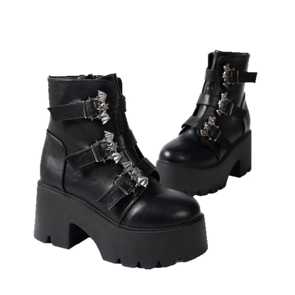 Black women's ankle boots with mid heel, side zip, thick sole, and belt buckle decoration, sizes 35-42