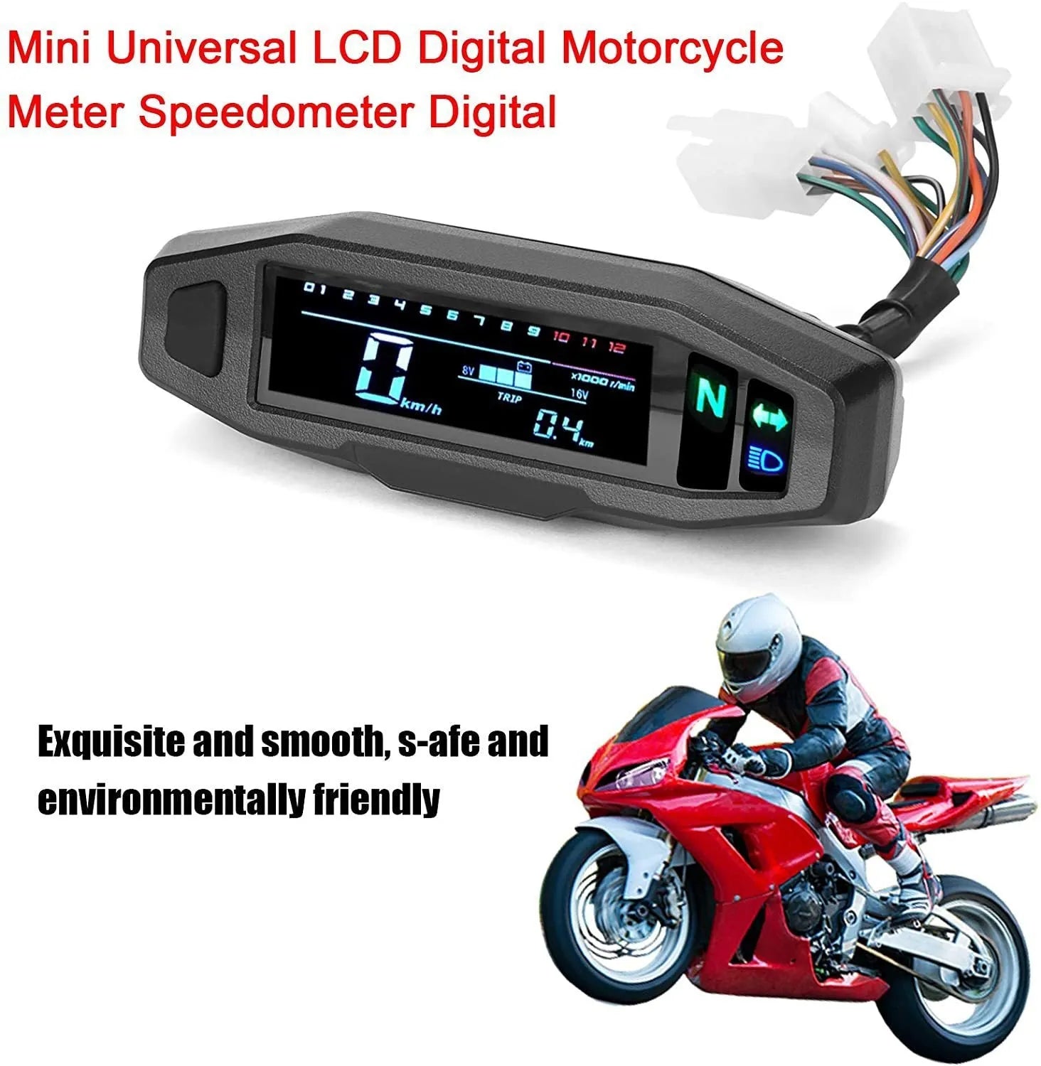 Black mini motorcycle LCD speedometer and oil gauge with white backlight display