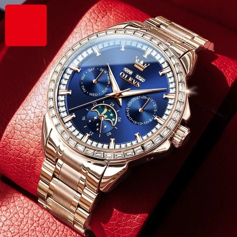Men's automatic mechanical watch with stainless steel strap, diamond-embedded dial, and transparent case back showing movement