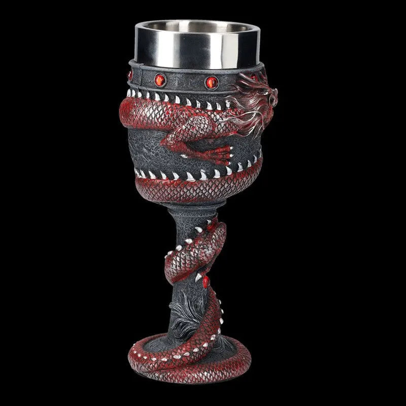 Red wine glass with 3D Chinese dragon stainless steel design in gold colour, 200ml capacity