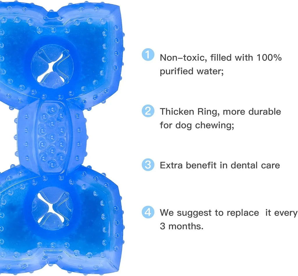 A freezable bone or circle-shaped dog chew toy, shown with treats, designed for cooling and teething relief.