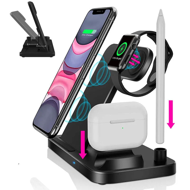 Foldable 4-in-1 wireless charger showing vertical orientation charging Apple iPhone AirPods and Apple Pencil