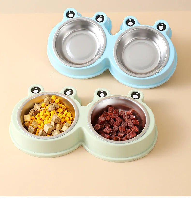 Stainless steel pet double feeding bowl with frog design in blue, green, and pink colours