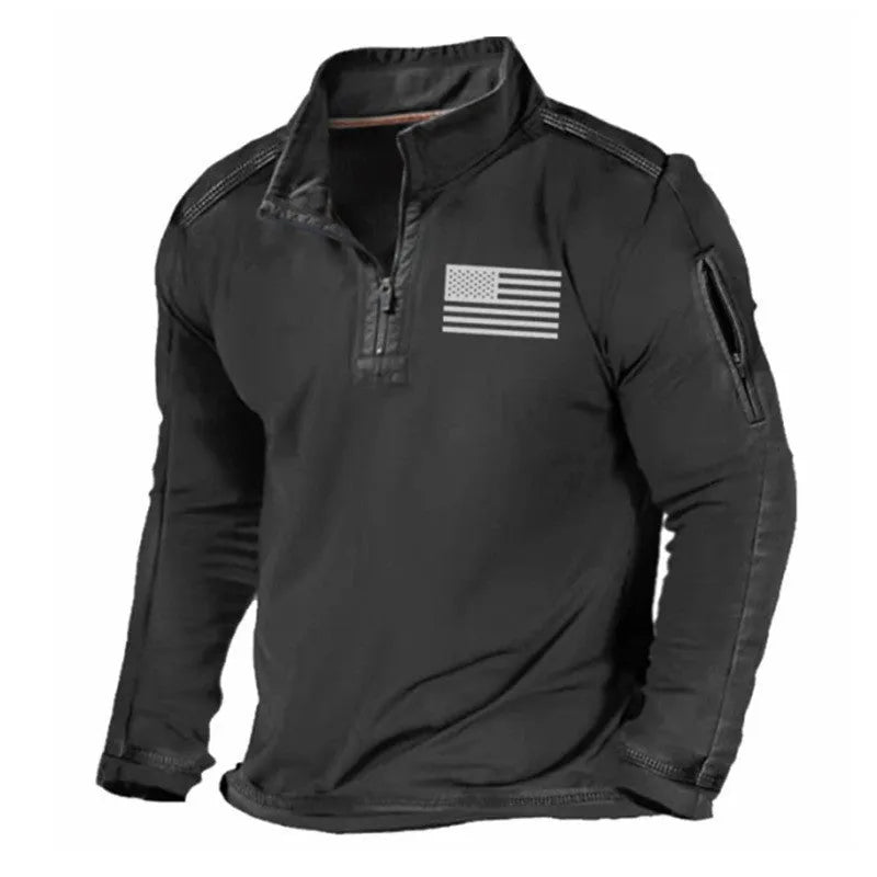 Men's black zip-front stand collar long-sleeved sports sweater laid flat.