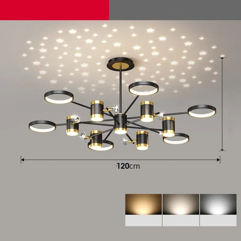 Black 13-head Nordic star pendant lamp with remote control, 1000mm diameter iron chandelier