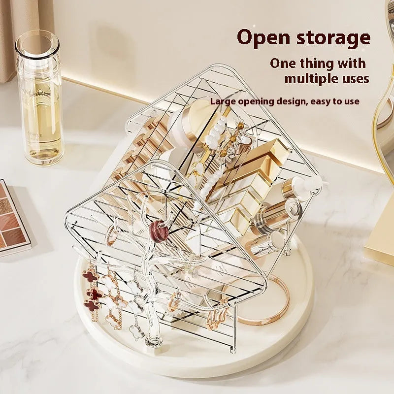 Rotating cosmetics storage box in Amber Gold colour on a vanity.