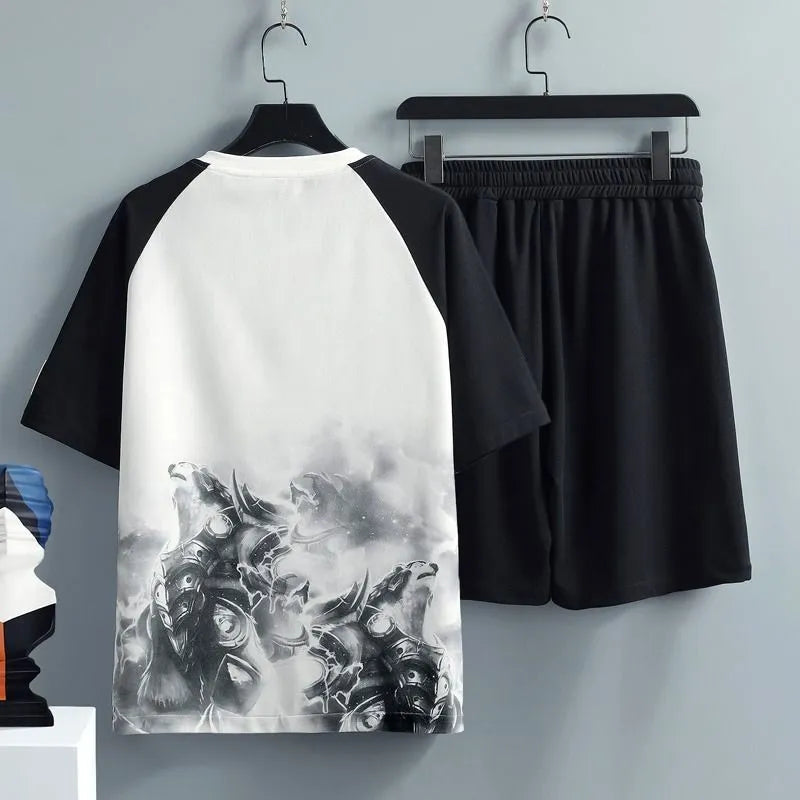Men's summer sports casual tracksuit set polyester T-shirt and shorts in black