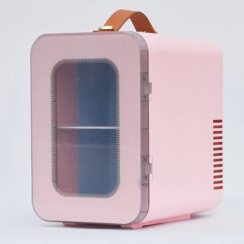 Pink mini refrigerator with transparent door showing 6L capacity for hot and cold dual-use in car and home