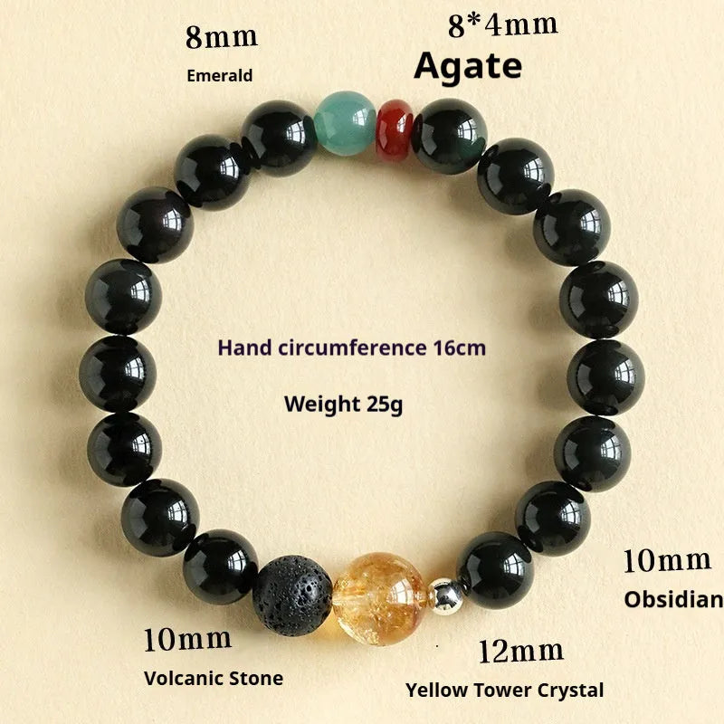 Chinese obsidian yellow tower crystal bracelet with agate jade beads, 8mm or 10mm size option, natural stone jewelry