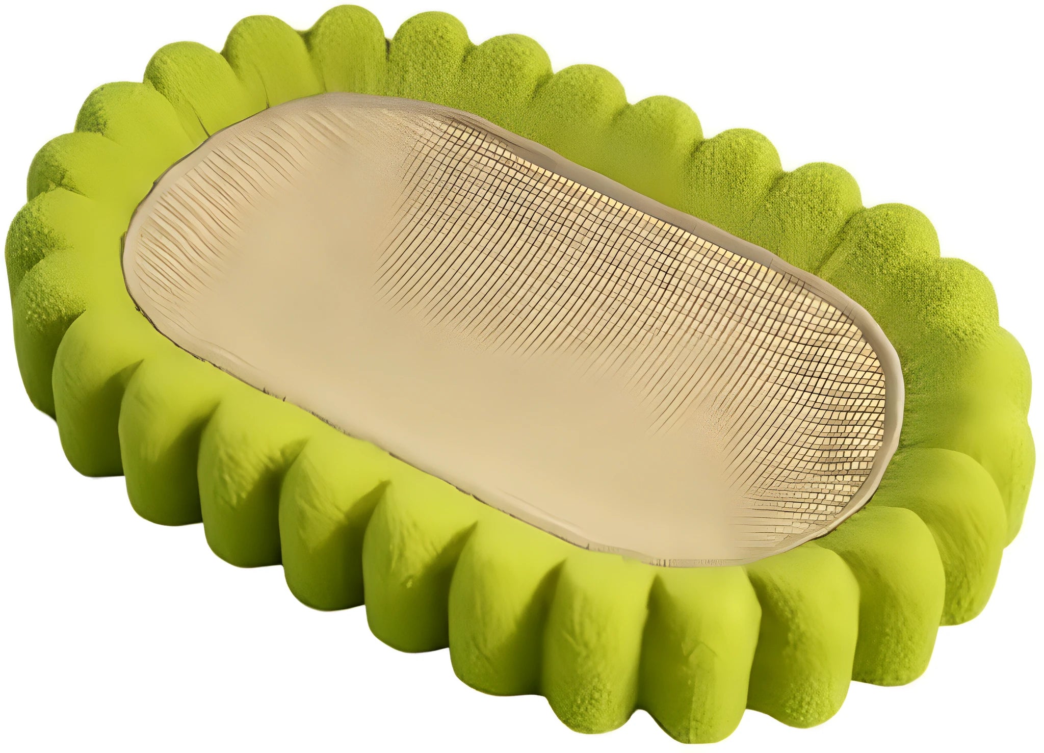 Green oval cat scratching pad and bed made from sisal material