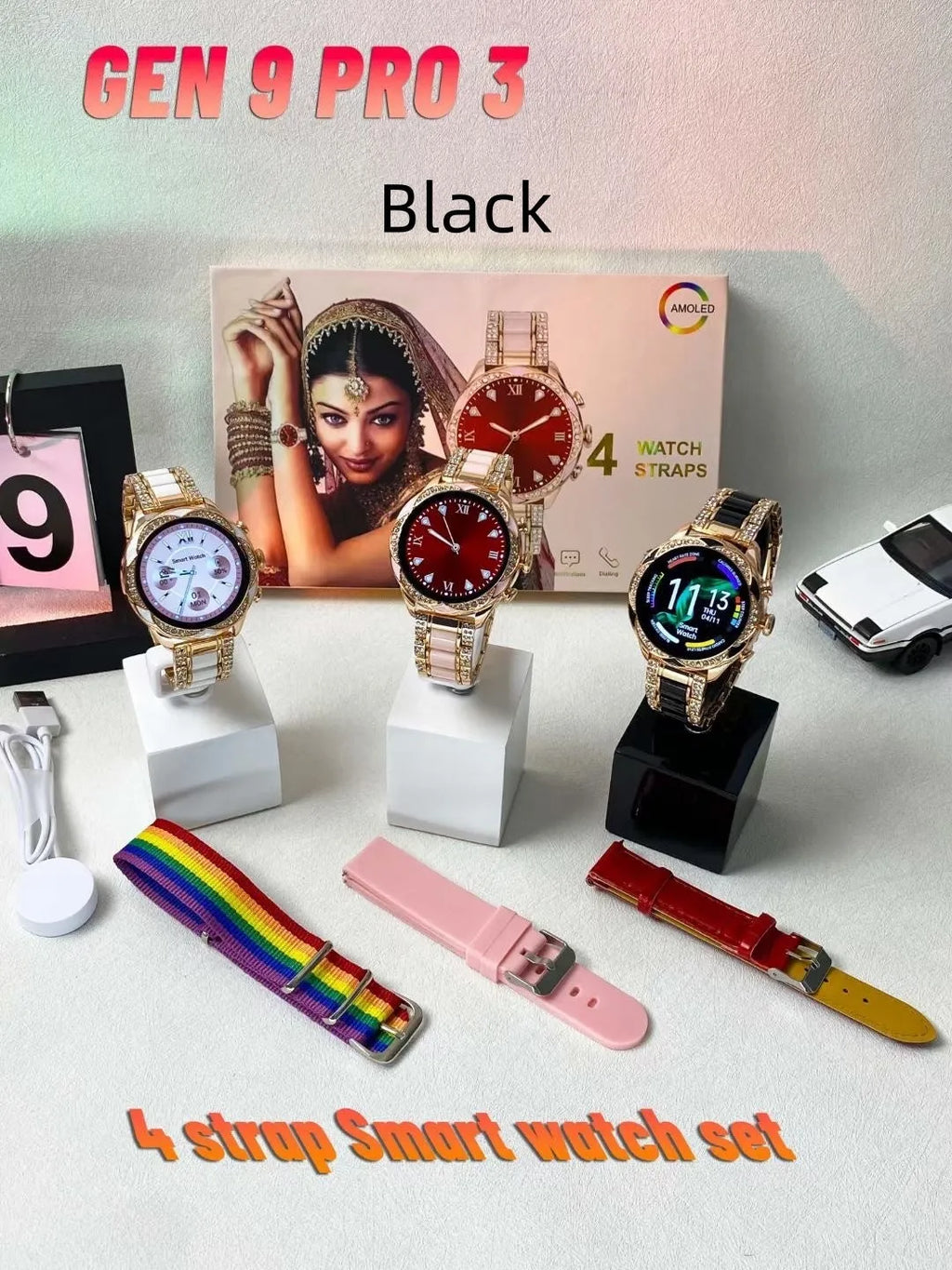 Ladies smartwatch with heart rate and blood pressure monitor, black colour, with four interchangeable watchband options
