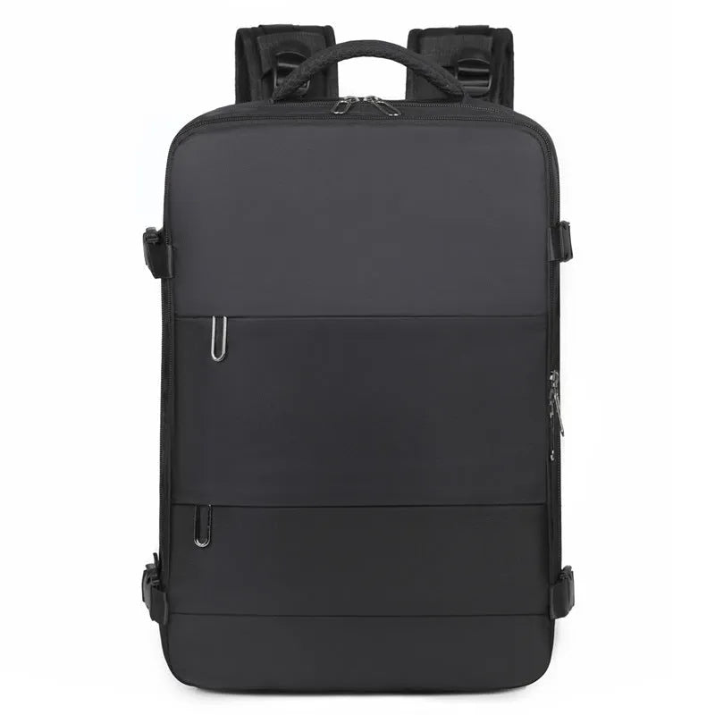 Large purple travel backpack with multiple compartments and an air pillow strap system, shown on a neutral background.