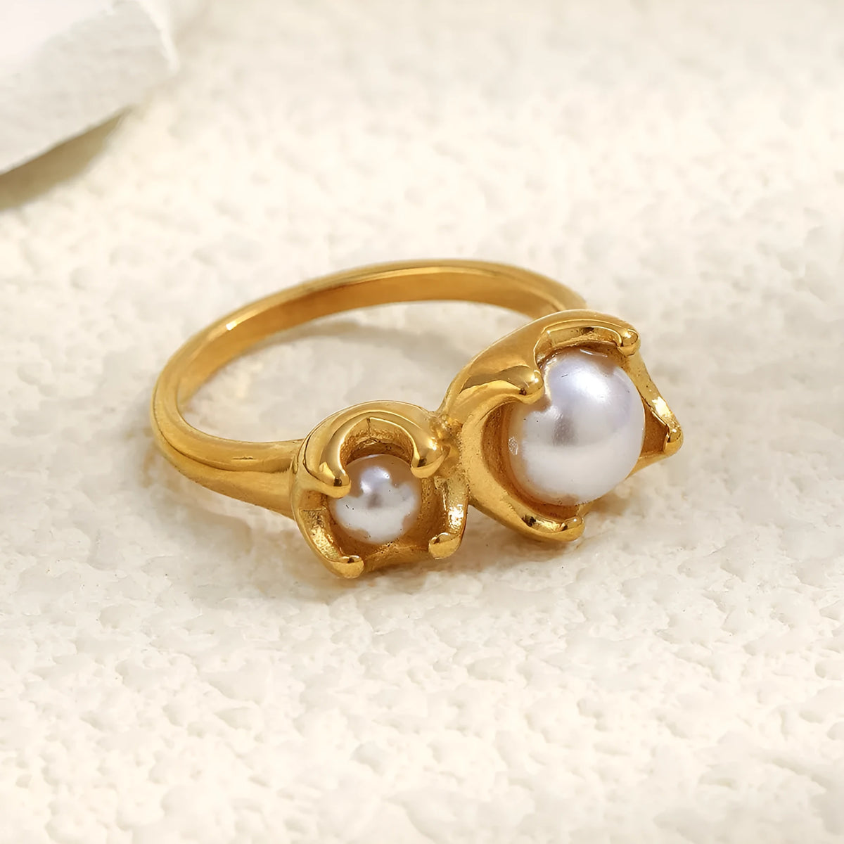 Gold stainless steel ring with bud imitation pearl flower geometry shape for women size options
