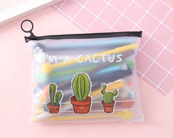 Marvel-branded plastic case open to show twenty cartoon cactus design pens with 0.5mm black ink.