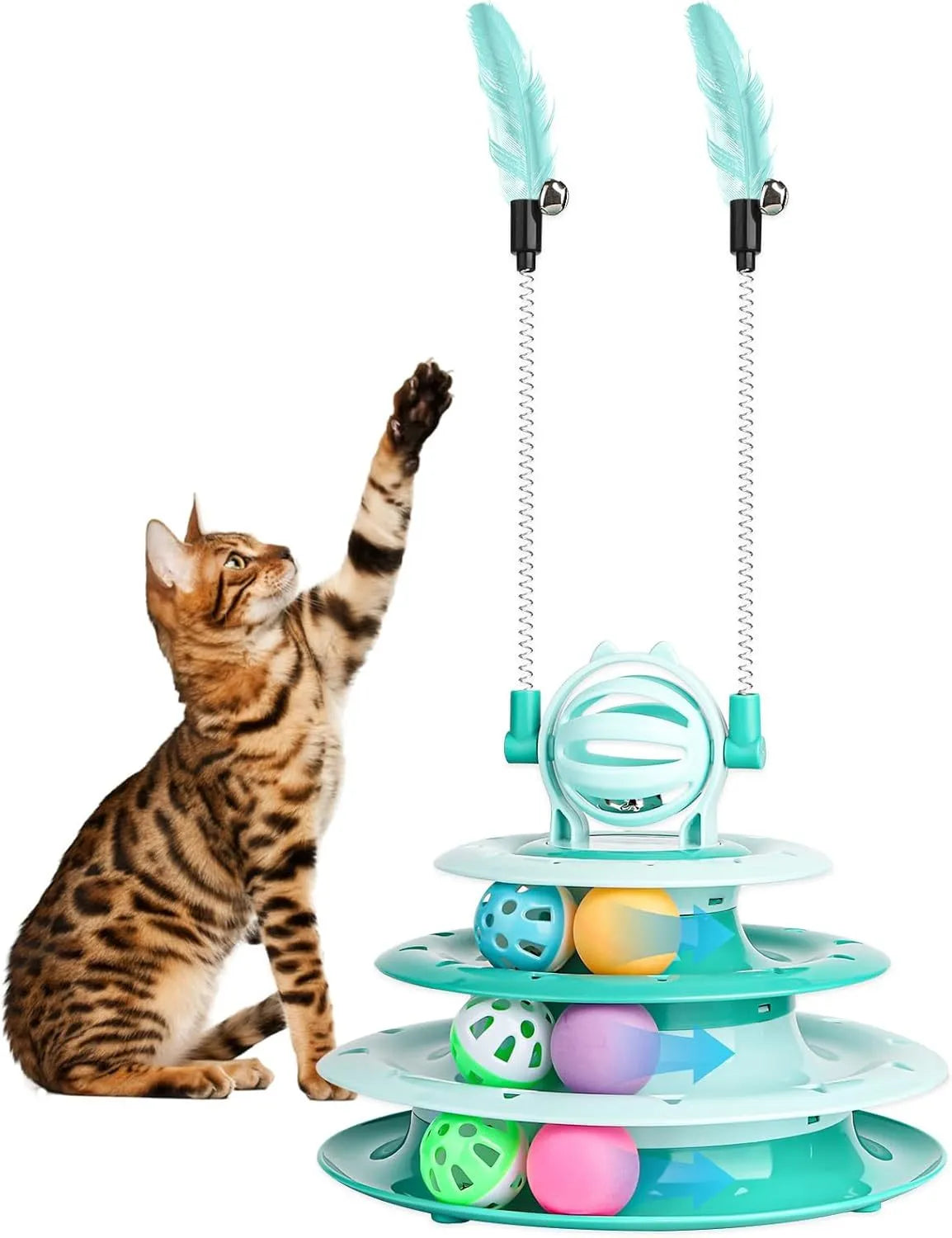 Blue 4-tier cat puzzle toy with 6 sliding balls and teasing rods on circular track
