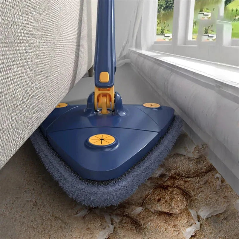 Blue extendable triangle mop with 360 rotating head and microfibre cloth for cleaning floors and walls