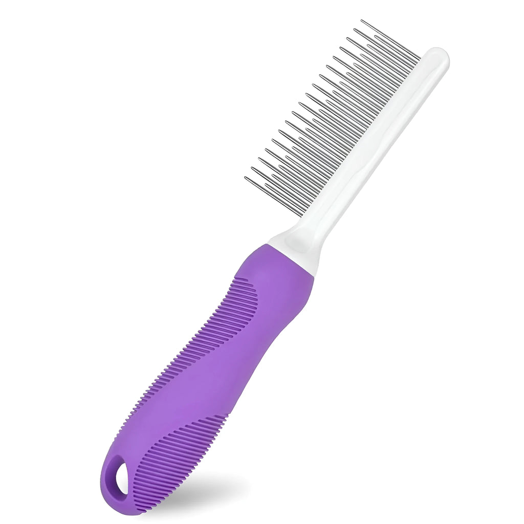 Purple pet grooming comb with stainless steel teeth on an ergonomic handle.