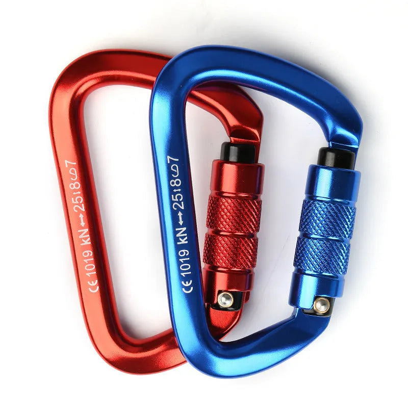 Steel D-shaped climbing carabiner showing automatic and screw-gate types in assorted colours.