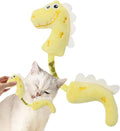 Four cat chew toys including plush mouse, fish, bunny, and chew toy in pink, purple, and yellow colours