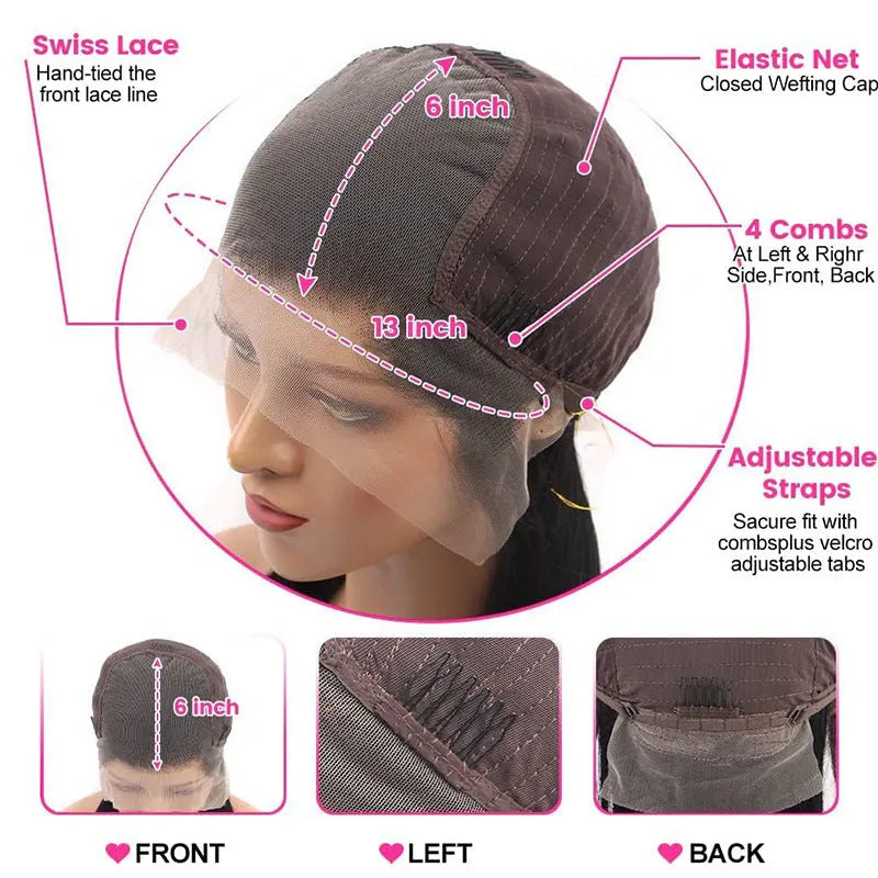 Straight black human hair wig with 13x6 Swiss lace front, shown in a long length