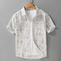 Grey white loose fit men's pure cotton short sleeve cardigan with hanging dyed print.