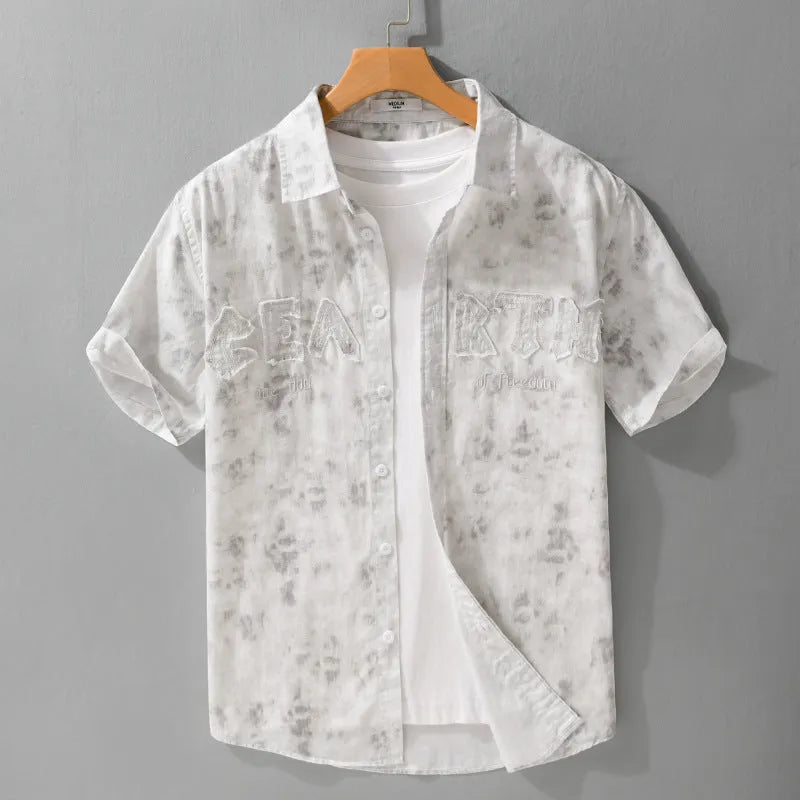 Grey white loose fit men's pure cotton short sleeve cardigan with hanging dyed print.