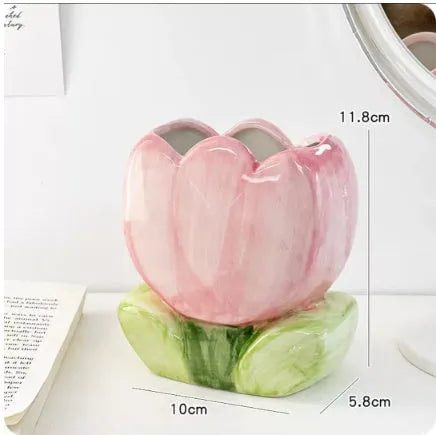 Ceramic flower pen holder storage box in floral pattern colours on desktop