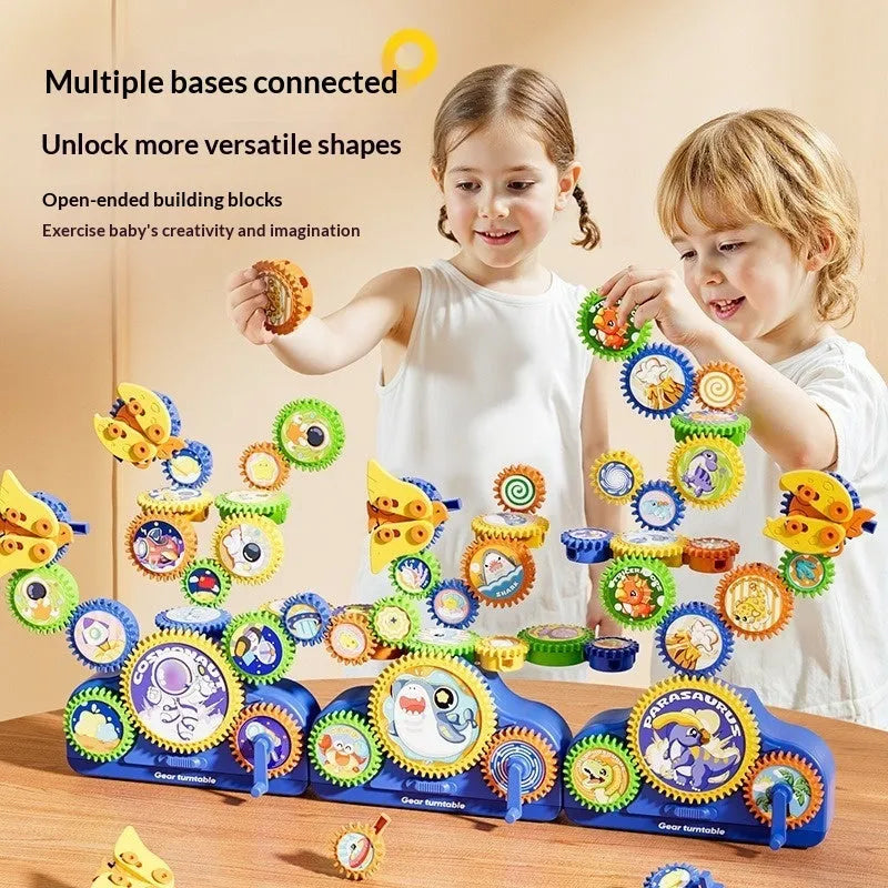 Children's electric building block set with variable gear rotating assembly in Dinosaur edition, 14 pieces in colour box