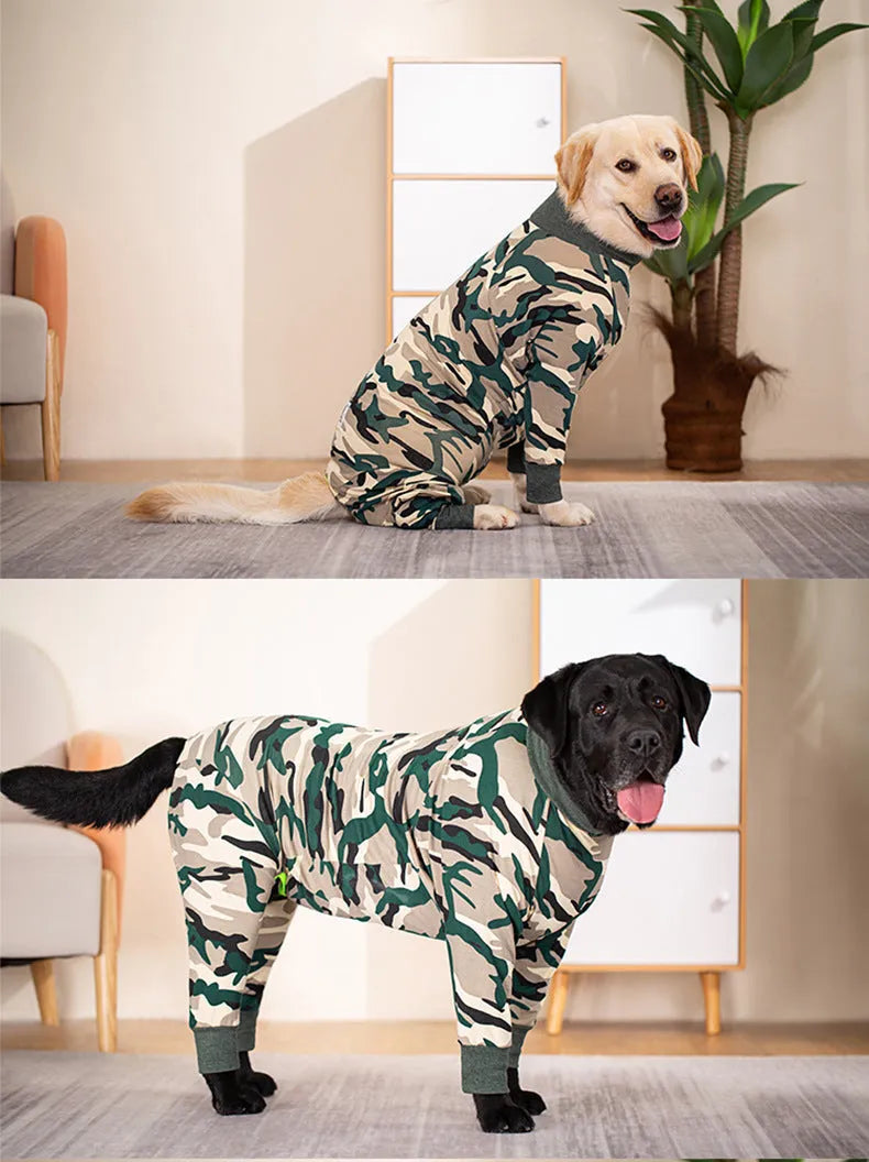 Cotton four-legged pet clothing in dinosaur design with full belly coverage, available in sizes 26 to 38 yards