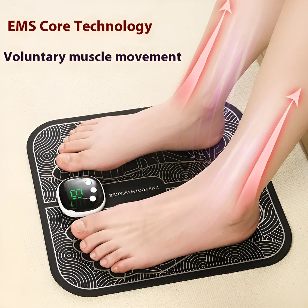 Blue rechargeable reflexology foot massager mat with USB charging cable and remote control