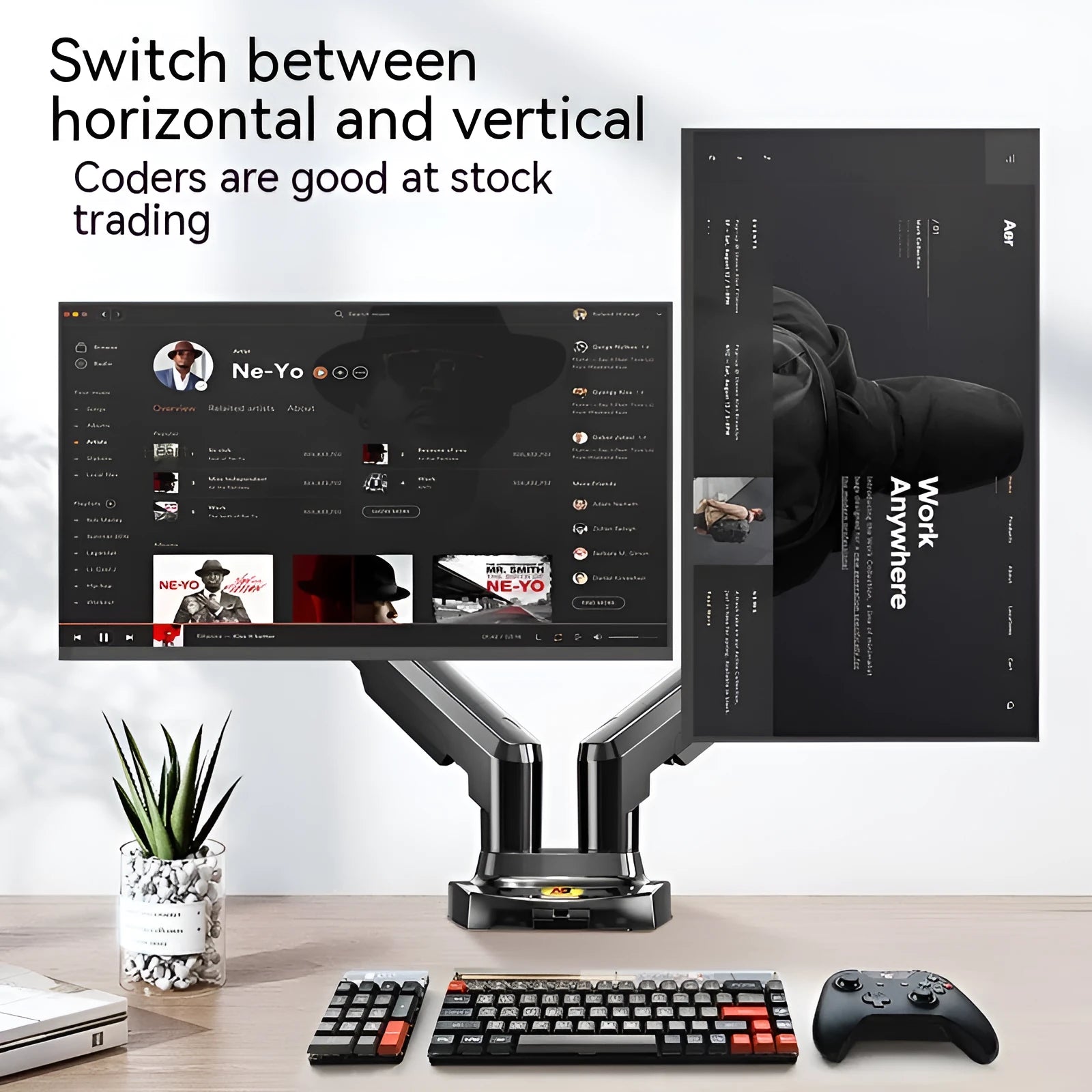 Dual monitor lifting bracket in dual screen colour, showing VESA mounting plates and aluminium alloy frame.