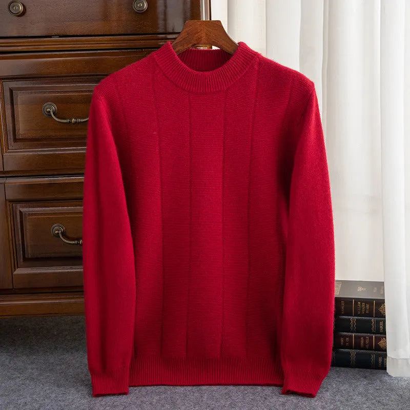 High Sense men double thick cashmere sweater round neck striped solid colour pullover winter casual bottoming shirt
