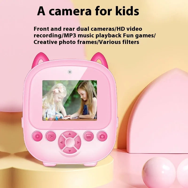 Mini HD children's digital camera with 2.4 inch screen, ABS plastic body, in blue or pink, with instant photo printing