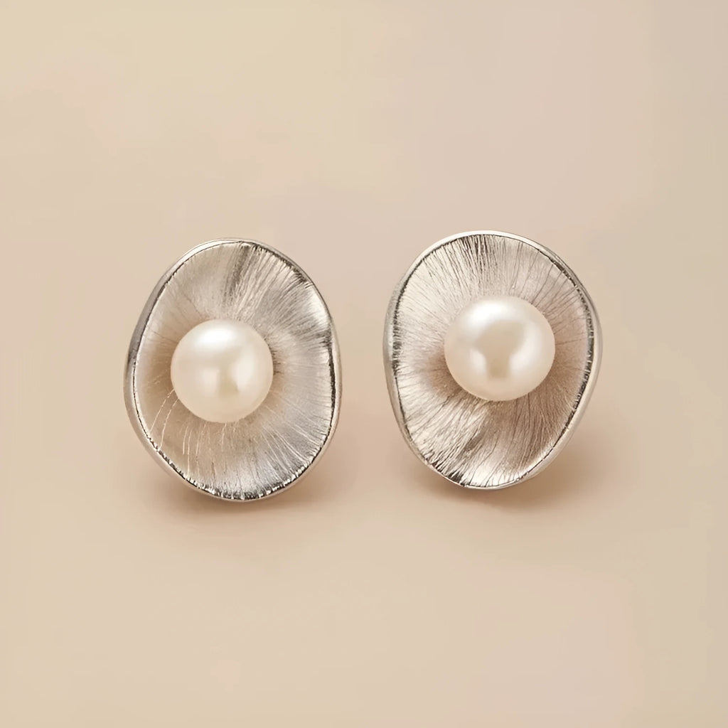 Pearl sterling silver geometric needle earrings with electroplated gold colour finish