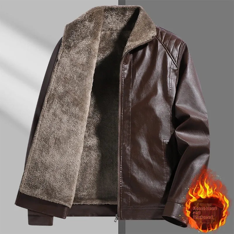 Fleece-lined thickened PU leather men's jacket in black, with polyester fibre lining, normal length 50cm