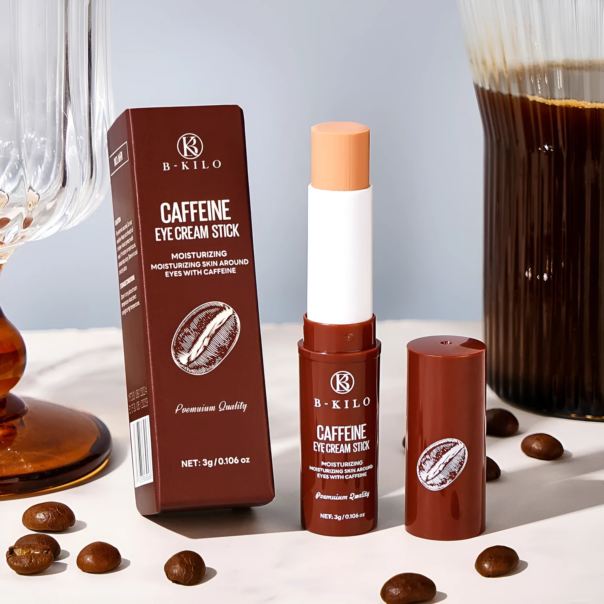 Caffeine Eye Cream Stick in a white tube applicator for under-eye dark circles and fine lines.