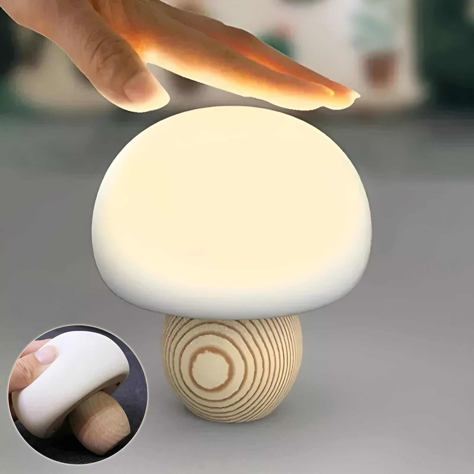 Silicone LED night lamp with wooden base, mushroom shape, brightness adjustment, and touch switch