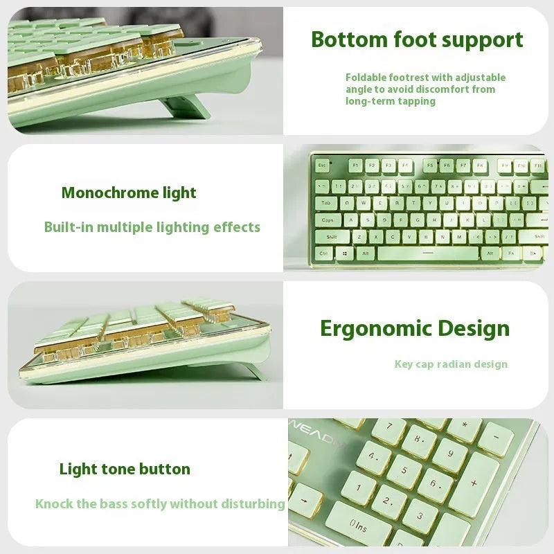 Prewalker V3 Retro Green silent mechanical keyboard and mouse set on a desk.
