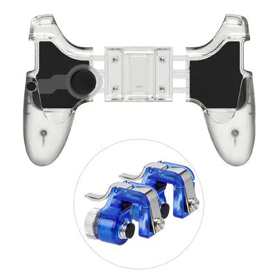 Black wired mobile gaming controller plugged into iPhone with physical buttons and directional pad