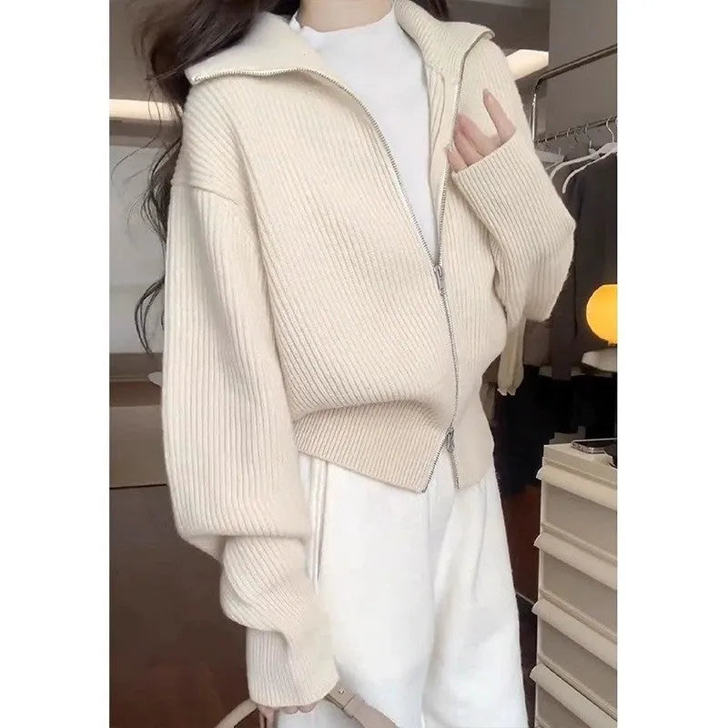 Hong Kong style double zipper knitted cardigan jacket in loose fit with floral pattern and three-dimensional decoration